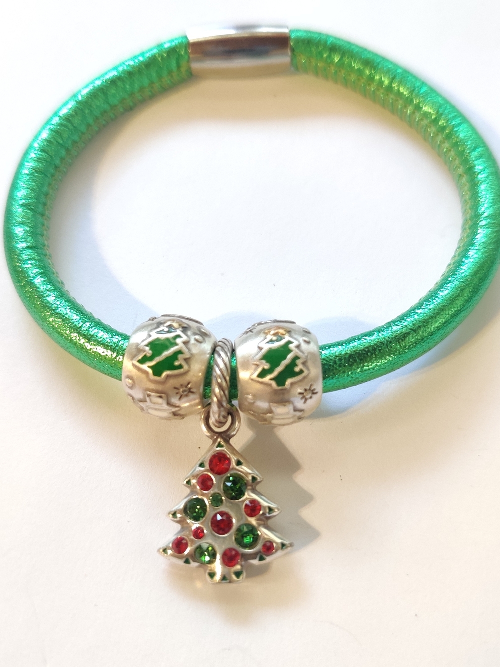 Brighton Green Shimmer Cord Bracelet with Christmas Tree Charm
